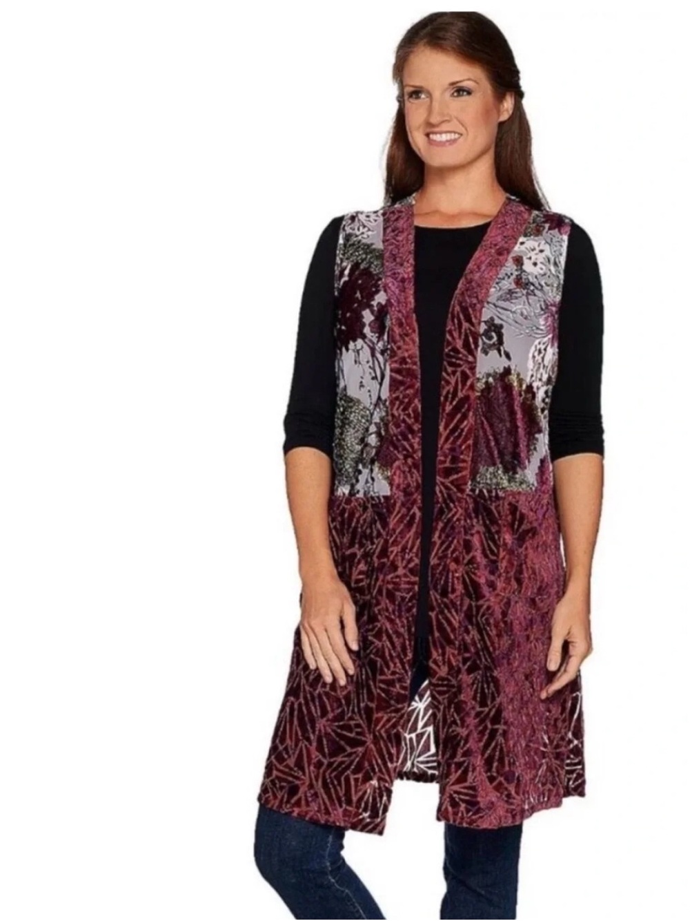 LOGO Lavish Lori Goldstein Floral Burnout Velvet Kimono Vest Sz M Y2K Boho